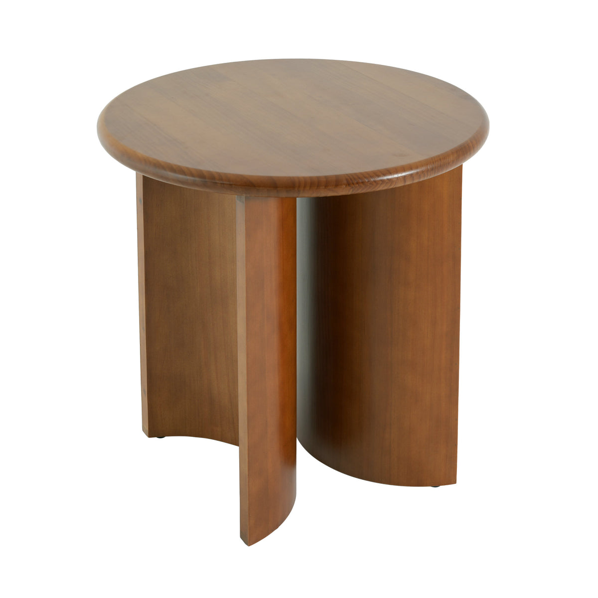 Walnut Finish Pine Wood Round Side Table with Unique Fan-Shaped Legs, Mid-Century Modern Accent End Table for Living Room