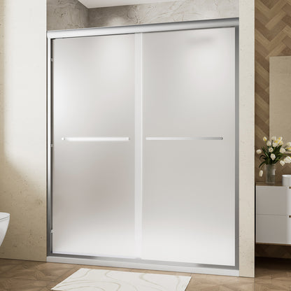 56-60" W x 72" H Framed Double Sliding Shower Door, 1/4" (6mm) Frosted Ultra-Clear Tempered Glass with nano self-cleaning coating, Brushed Nickel Finish, Reversible Installation
