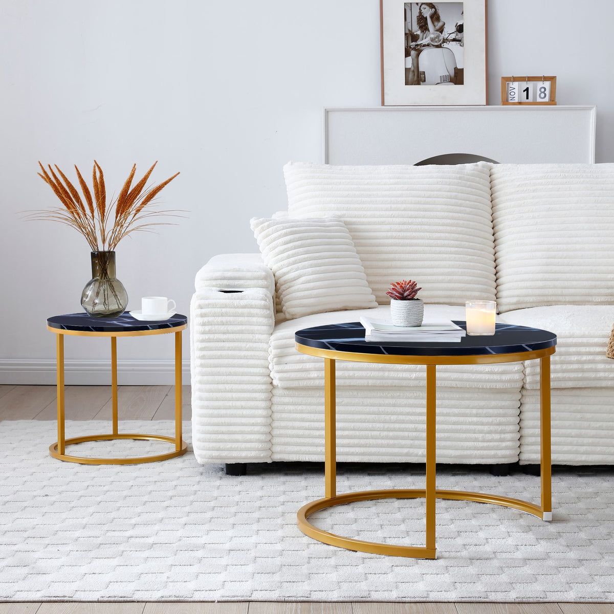 Set 2 Coffee Table Nesting Black top Golden Frame Circular Round and Marble Pattern Wooden Tables