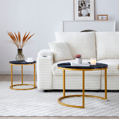 Set 2 Coffee Table Nesting Black top Golden Frame Circular Round and Marble Pattern Wooden Tables