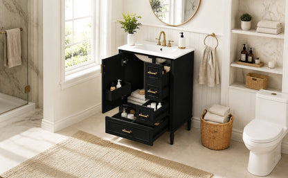 24' Modern Bathroom Vanity with Ceramic Sink, Soft-Close Door, 3 Drawers, Gold Handles, and Door-Mounted Rack for Space-Saving Storage(Old SKU:N729P373272B)