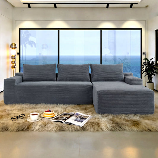 New 96.9''Cloud Sectional Couch with L-Shaped Chaise,Modern Modular Sofa with Deep Seat, Upholstered Couches for Living Room Bedroom,No Assembly Required,(Corduroy Fabric),Grey,Right