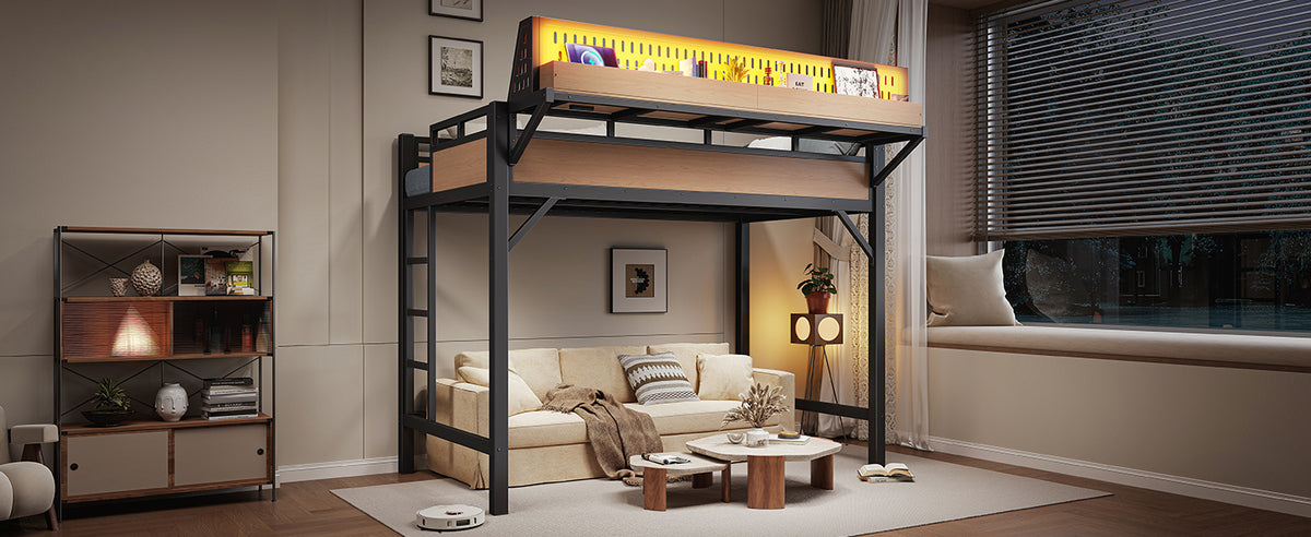 Twin XL size Loft Bed Frame with Storage Shelves and Pegboard, Metal Loft Bed with USB Ports and LED Lights, Safe and Sturdy, Natural