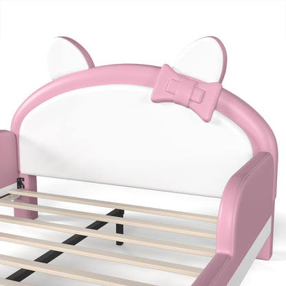 Full Cute Cat Shaped Upholstered Kids Platform Bed, Princess Style Low Profile Children Bed Frame for Bedroom,white&Pink