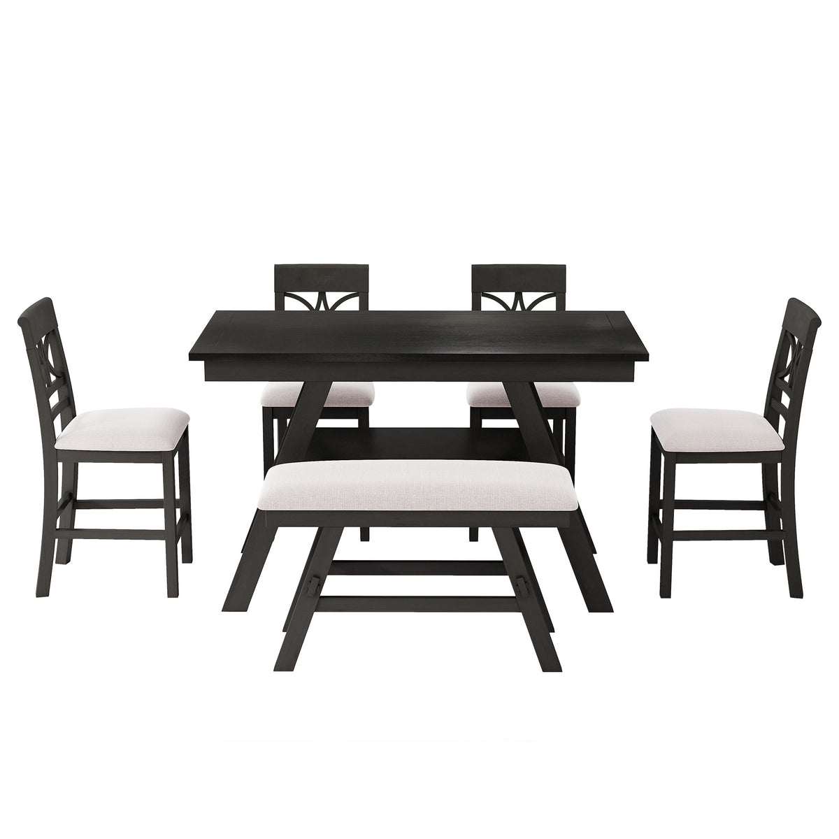 TOPMAX 6-Piece Wood Counter Height Dining Table Set with Storage Shelf, Kitchen Table Set with Bench and 4 Chairs, Rustic Style