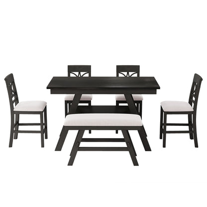 TOPMAX 6-Piece Wood Counter Height Dining Table Set with Storage Shelf, Kitchen Table Set with Bench and 4 Chairs, Rustic Style