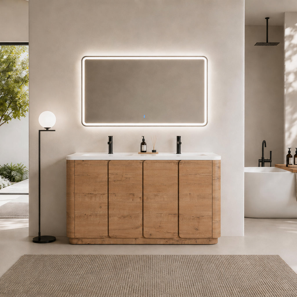 60'' Freestanding Bathroom Vanity with White Resin Sink, 4-Soft-Close Door, KD-Packing, Plywood, Imitative Oak