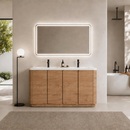 60'' Freestanding Bathroom Vanity with White Resin Sink, 4-Soft-Close Door, KD-Packing, Plywood, Imitative Oak