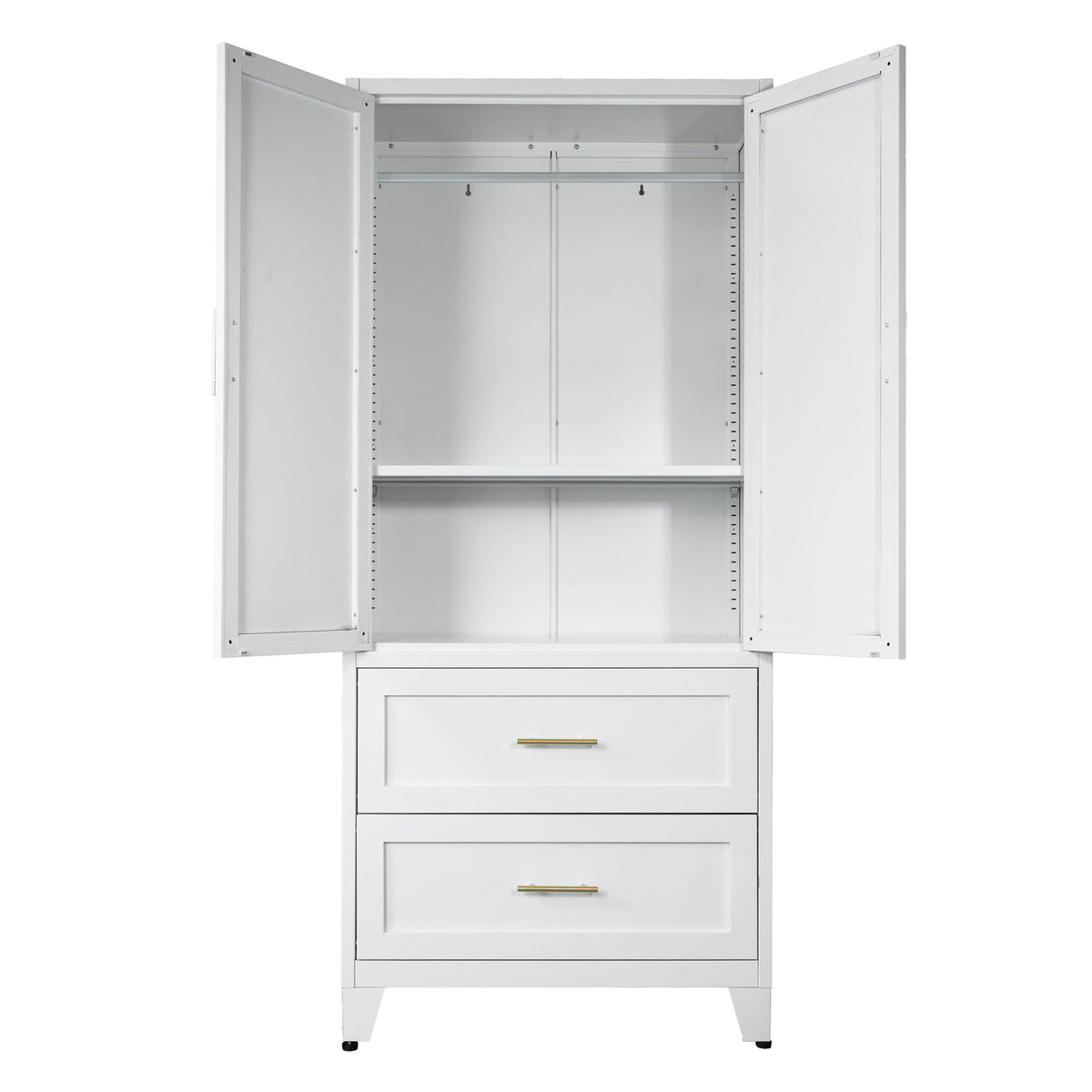 71" Tall Metal Wardrobe Cabinet with 2 Drawers and Hanging Rod, 2 Doors Wardrobe Closet with Shelf for Bedroom, Office, Laundry Room,Entryway ,Foyer,Guesthouse (White)