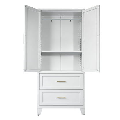 71" Tall Metal Wardrobe Cabinet with 2 Drawers and Hanging Rod, 2 Doors Wardrobe Closet with Shelf for Bedroom, Office, Laundry Room,Entryway ,Foyer,Guesthouse (White)