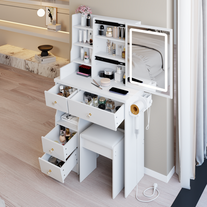 29.2' Small Size Left Drawer Desktop Vanity Table + Cushioned Stool, 2 AC+2 USB Power Station, Hair dryer bracket, Extra Large Touch Control Sliding LED Mirror, Tri-color Switching, Brightness Adjust