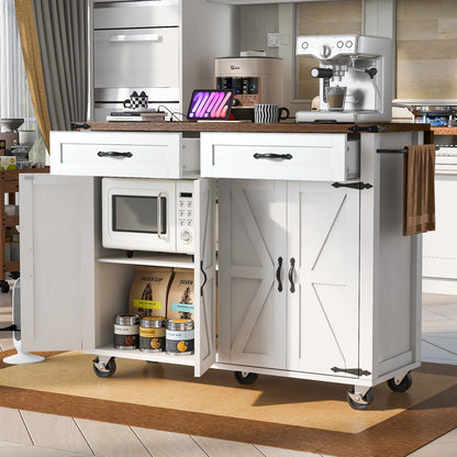 K&K 53.5''Farmhouse Kitchen Island with Power Outlet, Kitchen Storage Island with Drop Leaf, Spice Rack and Drawer