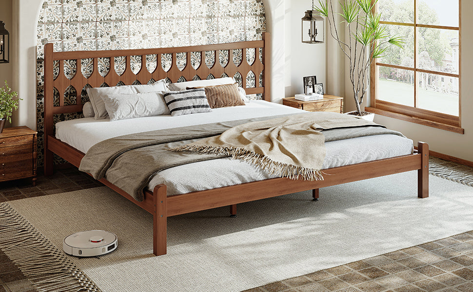 King Size Bamboo Platform Bed with Diamond-shaped headboard, Solid Bamboo-made Bed Frame with Support Slats, for Bedroom, Guest Rooms, Brown