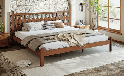 King Size Bamboo Platform Bed with Diamond-shaped headboard, Solid Bamboo-made Bed Frame with Support Slats, for Bedroom, Guest Rooms, Brown