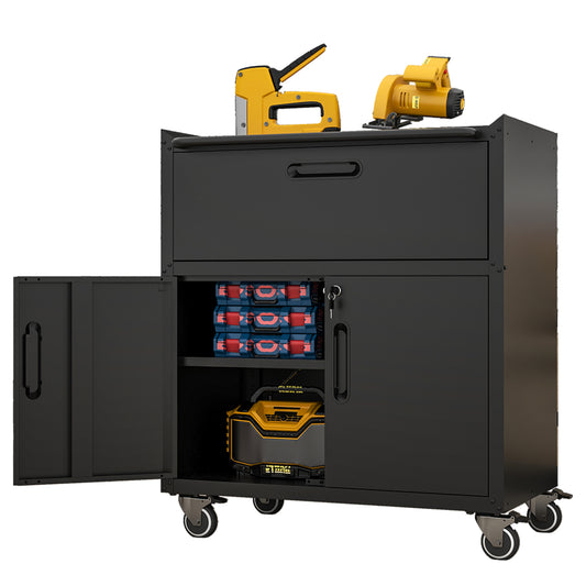 Sturdy and Durable Metal Tool Cabinet for Garage with Wheels - Mobile Heavy-Duty Storage Cabinet with 1 Drawer and 2 Locking Doors