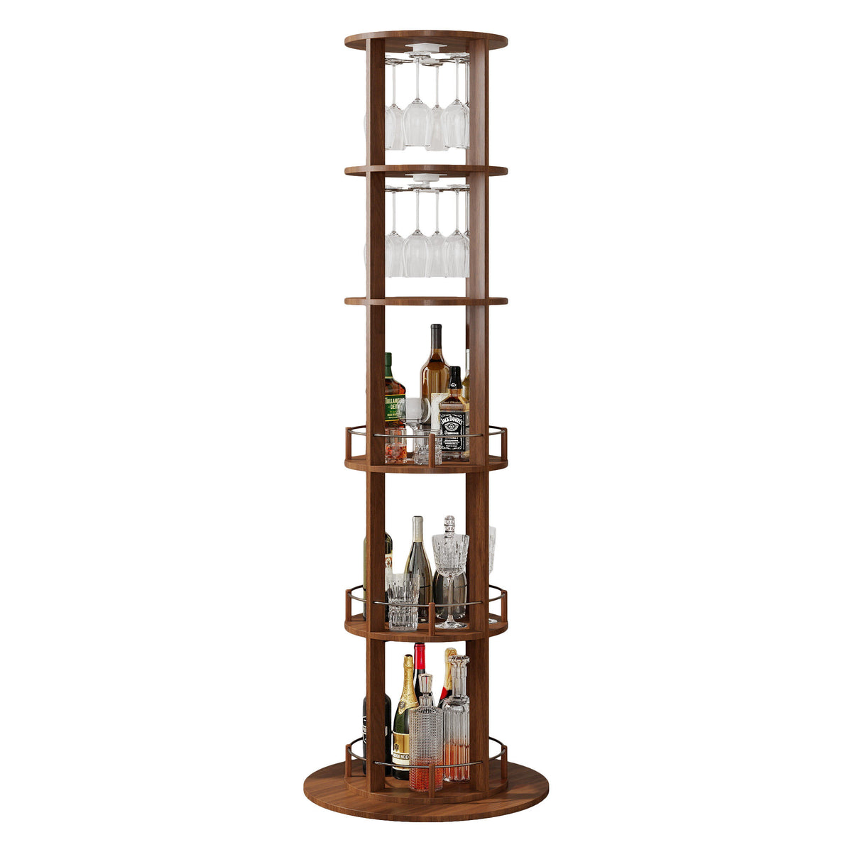 73" Tall Round Wine Rack, Freestanding Wine Bar Cabinet With 360° Rotating Design Wine Glass Rack, 360° Smooth Rotation & Stable Base, 3-Tier Storage Shelf, MDF & Metal, Walnut