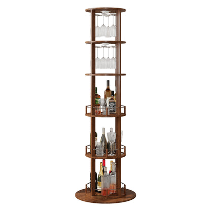 73" Tall Round Wine Rack, Freestanding Wine Bar Cabinet With 360° Rotating Design Wine Glass Rack, 360° Smooth Rotation & Stable Base, 3-Tier Storage Shelf, MDF & Metal, Walnut
