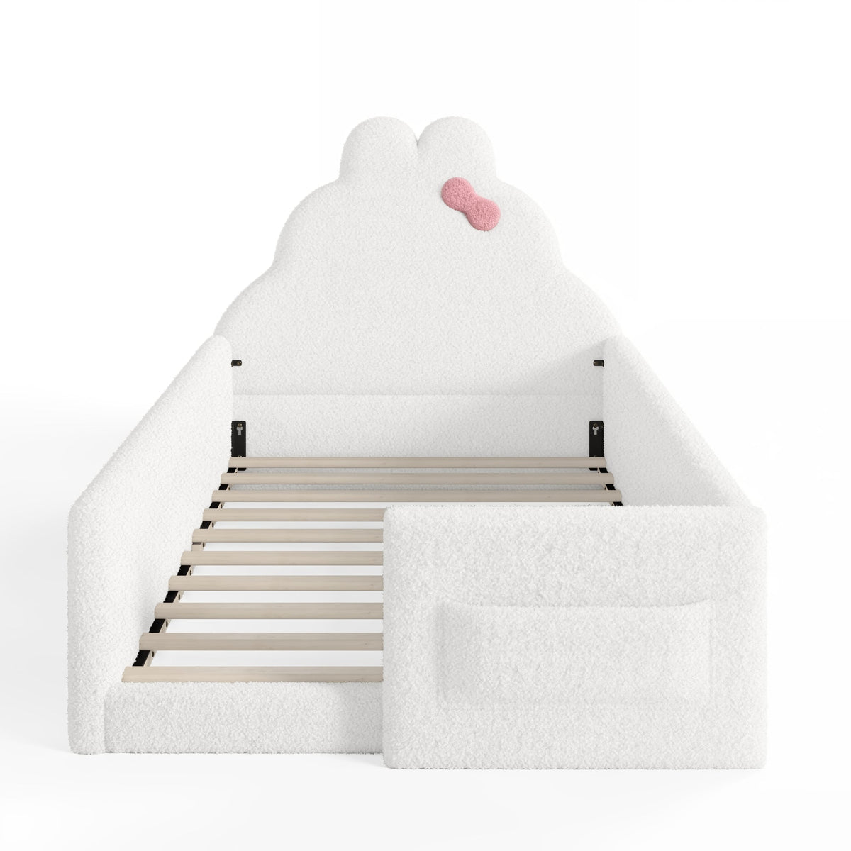 Twin Size Upholstered Floor bed, LowtoGround floor bed, Soft Padded Upholstered Kids bed, Safe Children Bed Frame with Side Storage Pocket for Kids.White