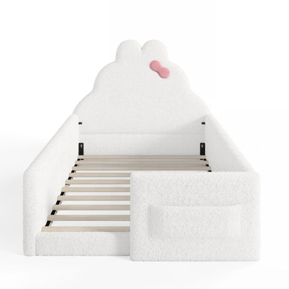 Twin Size Upholstered Floor bed, LowtoGround floor bed, Soft Padded Upholstered Kids bed, Safe Children Bed Frame with Side Storage Pocket for Kids.White
