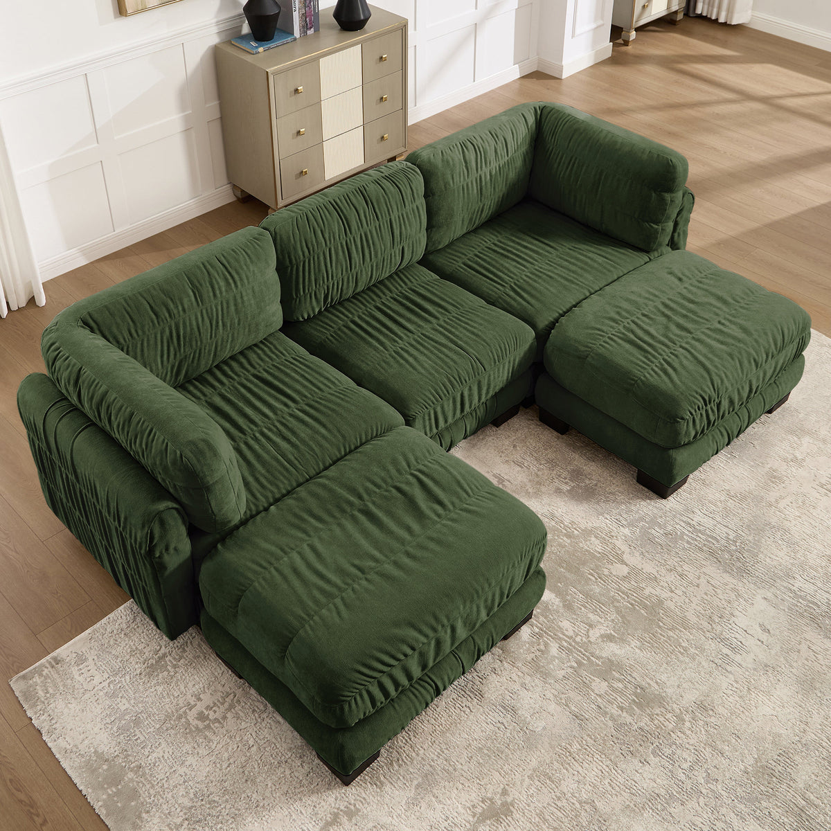 3 Seat Ruched Detailing Chenille Modular Sectional Sofa,Movable 2 Ottomans,High-Density Foam,L Shape Thickened  Back Cushions,Easy Assembly,For Living Room,Bedroom,Green
