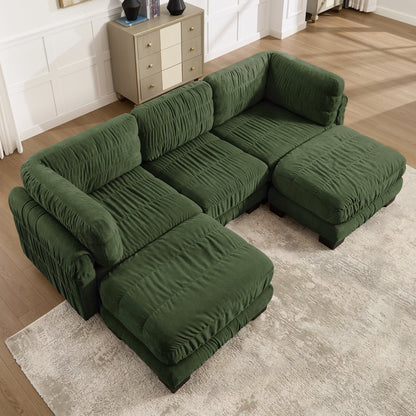 3 Seat Ruched Detailing Chenille Modular Sectional Sofa,Movable 2 Ottomans,High-Density Foam,L Shape Thickened  Back Cushions,Easy Assembly,For Living Room,Bedroom,Green