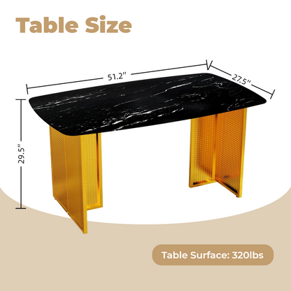 Modern-Style Rectangular Tempered Glass Dining Table for 6, Featuring a Marble-Patterned Design with Golden Hollow-Out Metal Legs, an Ideal Dining Table for Living Rooms and Home Offices.