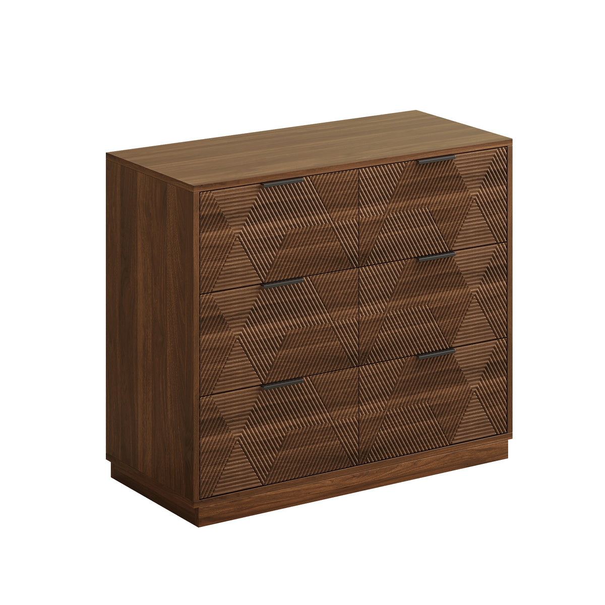 Modern Walnut Dresser with 6 Drawers, Mid Century 3D Geometric Wood Chest of Drawers, Large Storage Cabinet for Bedroom, Living Room & Entryway
