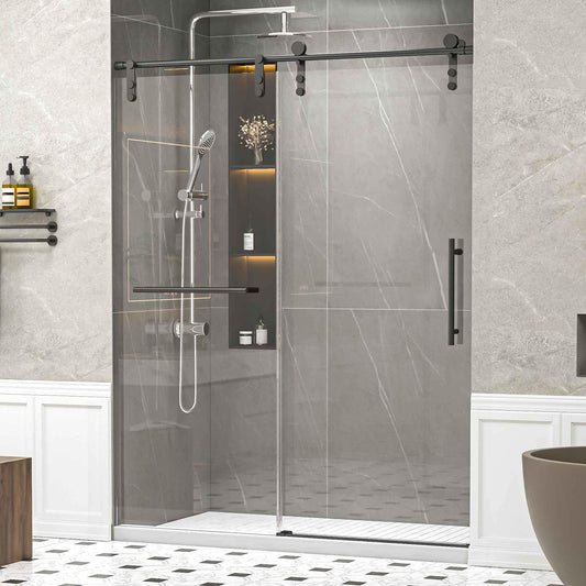 56-60" W * 76" H Frameless Single Sliding Shower Doors Without Soft-Close, Bathroom Sliding Shower Door With Towel Rail And Auxiliary Handle, 5/16" (8mm) Thick SGCC Tempered Glass Door,  Matte Black