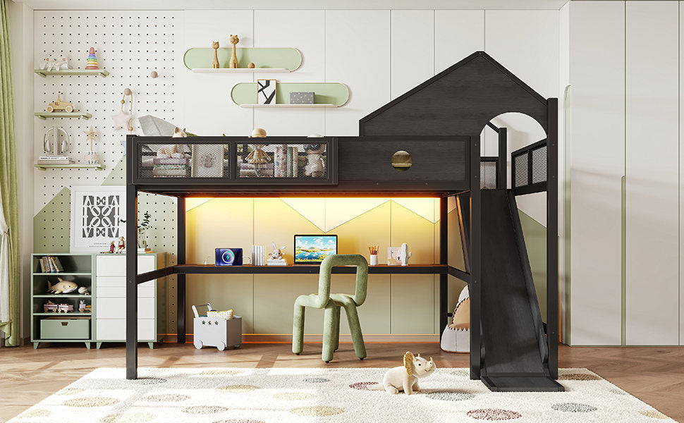 Queen Size Multifunctional Loft Bed with Slide, Desk,and Storage Shelves, Metal Loft Bed Frame With USB Ports And Led Lights, Triangular Geometry House Design, Black