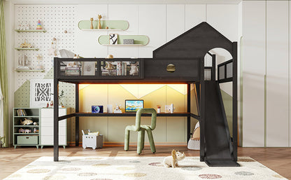 Queen Size Multifunctional Loft Bed with Slide, Desk,and Storage Shelves, Metal Loft Bed Frame With USB Ports And Led Lights, Triangular Geometry House Design, Black