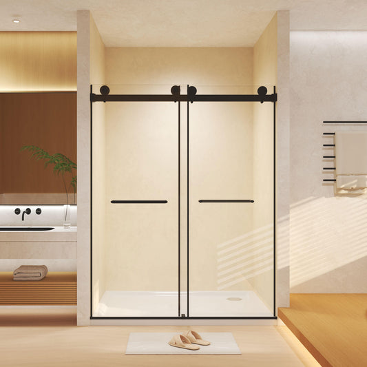 Frameless Double Sliding  Shower Door 56-60 "W x 74" H, 5/16 "(8mm) Tempered Glass, Explosion Proof Film, Stainless Steel Handle, Square Tube Track, Matte Black