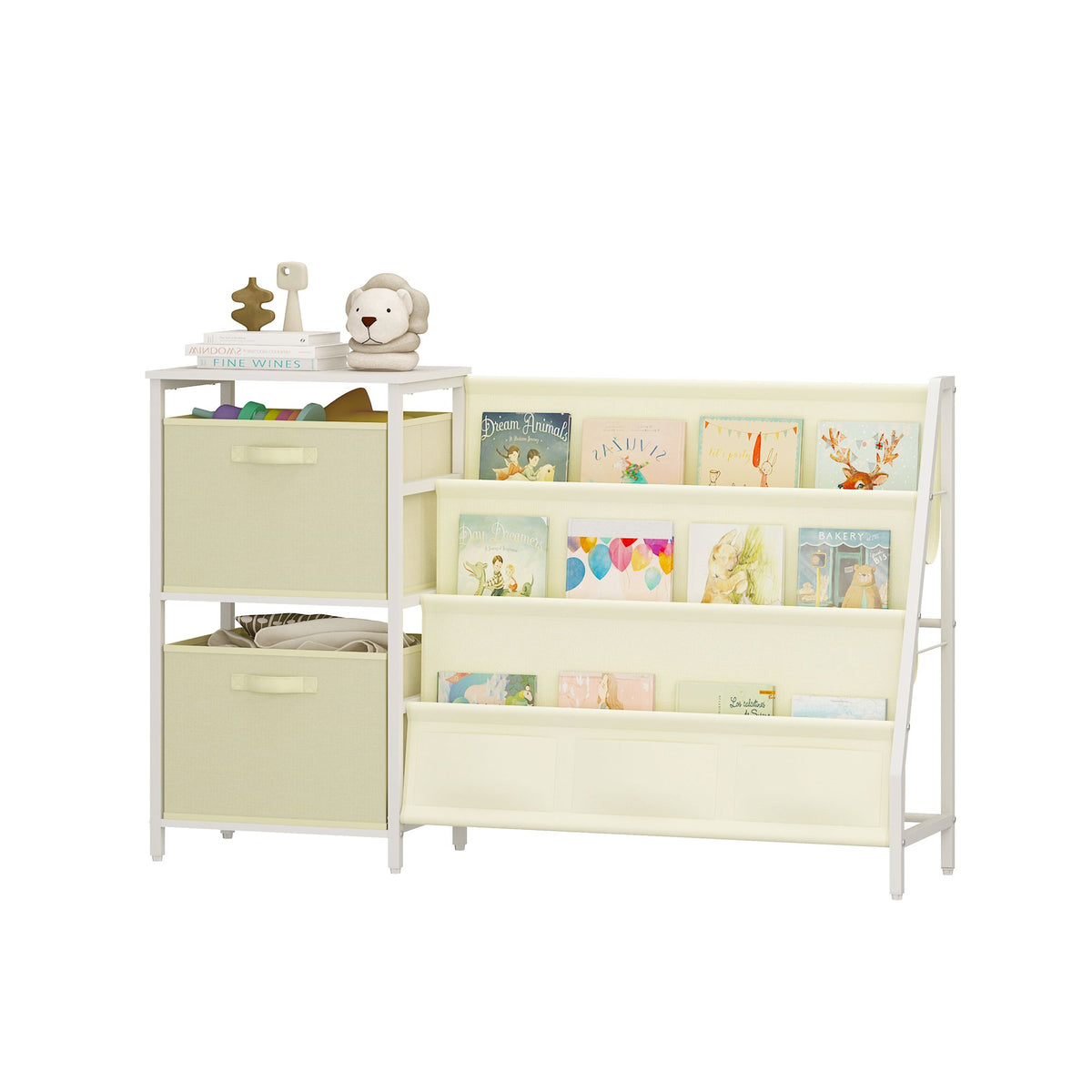 Kids Bookshelf with 3-Tier Front-Facing Book Display, 2 Storage Bins and Bottom Cabinet, Children's Bookcase Organizer for Bedroom, Playroom and Nursery
