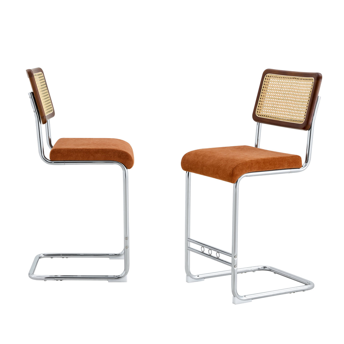 Natural Woven Bar Stool 2-Piece Set with Solid Wood Backrest 25 Inches Medieval Modern Style Counter Stool Coffee Color Velvet Kitchen Stool Chrome Metal Legs.