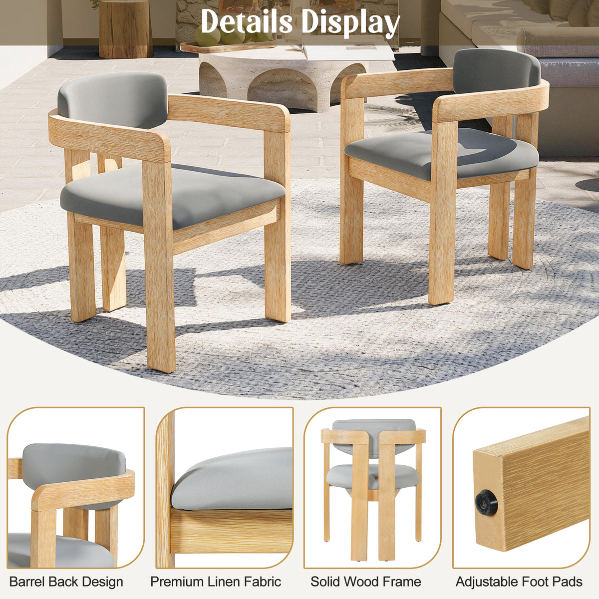 Set of 2 Outdoor Acacia Wood Dining Chairs with Cushions, Modern Solid Wood Armchairs with Weather-Resistant Upholstery, Grey Cushion