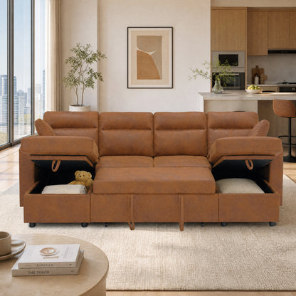 Convertible U-Shaped Sectional Sofa Bed with Double Storage Chaises, Pull-Out Sleeper, Cup Holders, and Lumbar Pillows