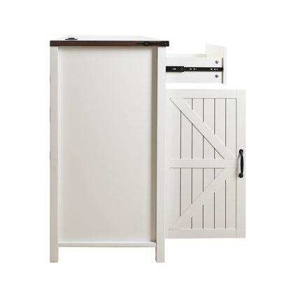 Farmhouse Coffee Bar with Mini Fridge Space & Built-in Charging Station,Large Bar Cabinet with Drawers & Adjustable Shelves for Kitchen, Dining Room, or Living Room, White