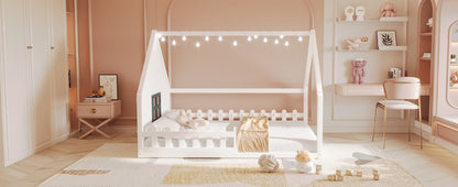 Full Size Wood House Bed with Window and Fence, White (Old SKU: WF304147AAK)