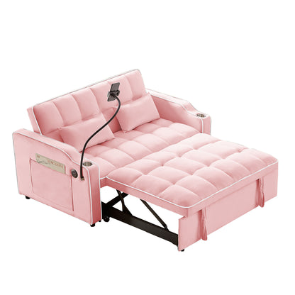 Versatile Foldable Double Seat Recliner,Comfortable Velvet Pull-Out Sleeper Sofa Bed with Side Pockets,USB Port,Swivel Phone Stand, Ashtray and Adjustable Backrest