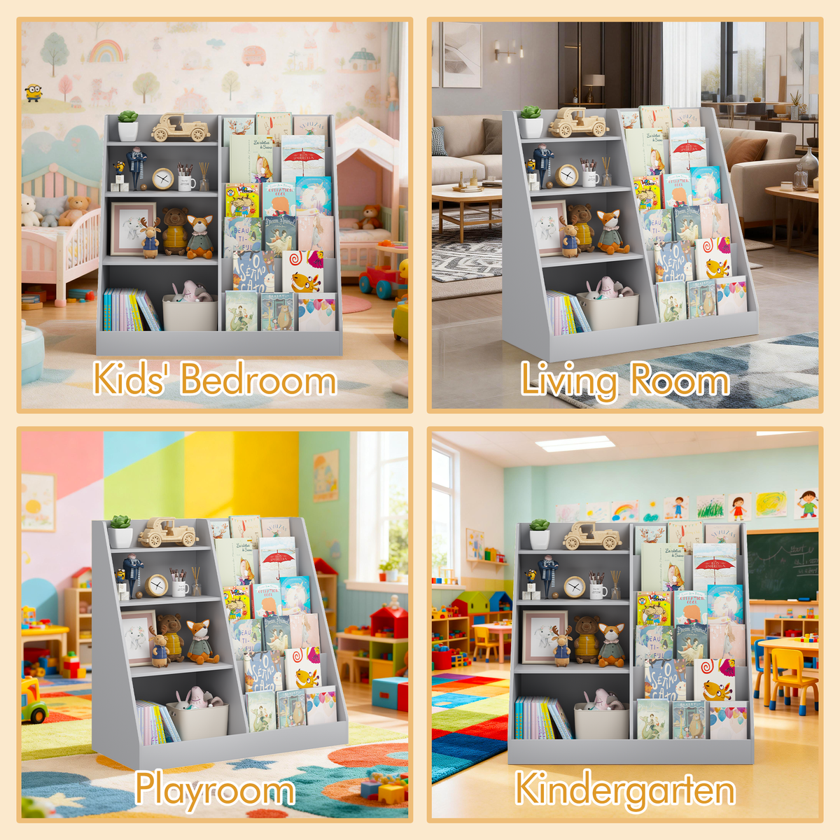 Kids Bookshelf and Toy Storage Organizer, Multifunctional 4 Tier Wooden Kids Book Shelf with Bookcase Display Stand, Children, Toddlers - Gray – Model W808P434870