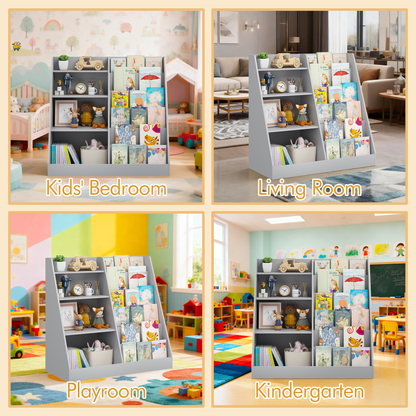 Kids Bookshelf and Toy Storage Organizer, Multifunctional 4 Tier Wooden Kids Book Shelf with Bookcase Display Stand, Children, Toddlers - Gray – Model W808P434870