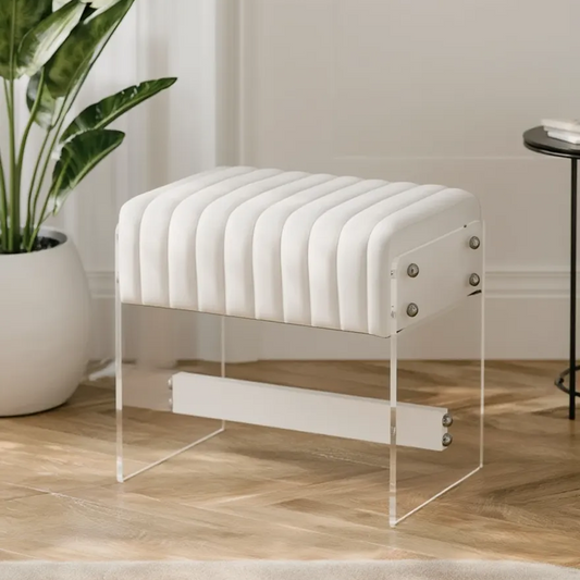 Modern luxury modern minimalist dressing stool, decorated with white PU leather surface, high-density sponge and transparent acrylic legs, suitable for bedrooms, entrances, and living rooms