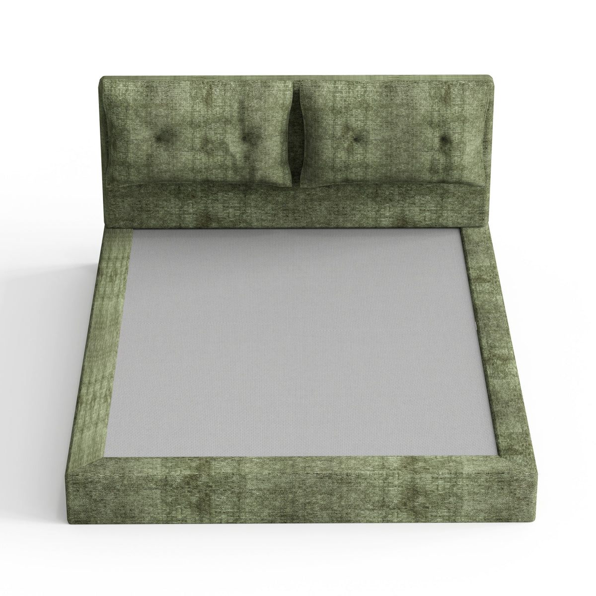 AirFrame Upholstered Bed Frame, a low, cloud-style bed frame with a double-layered upholstered headboard, 360° soft foam edging, and a metal base; easy to assemble; Queen size, Green