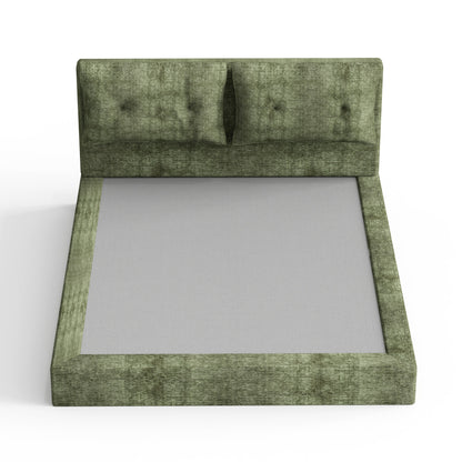 AirFrame Upholstered Bed Frame, a low, cloud-style bed frame with a double-layered upholstered headboard, 360° soft foam edging, and a metal base; easy to assemble; Queen size, Green