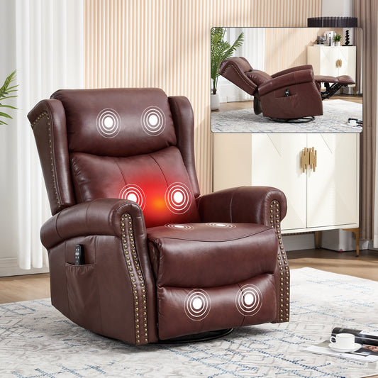 Heat Massage Manual Recliner Chair with Rocker and Swivel in Genuine leather, Red