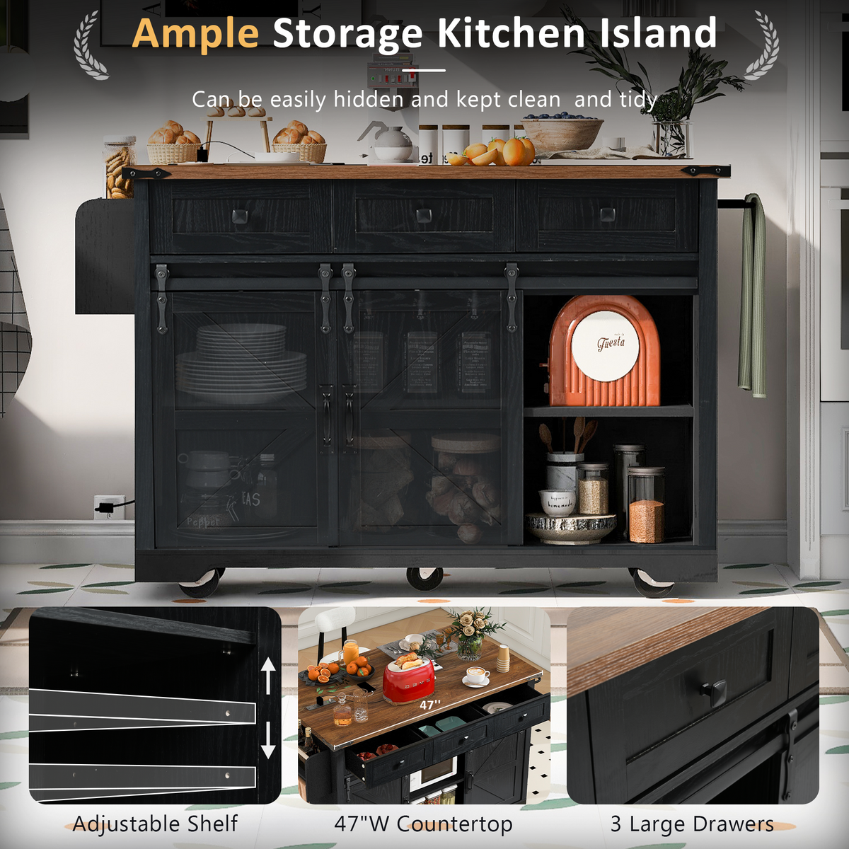 K&K 53.7" Farmhouse Kitchen Island with Power Outlet, 2 Sliding Barn Door Kitchen Storage Island with Drop Leaf – Black
