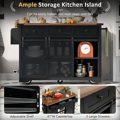 K&K 53.7" Farmhouse Kitchen Island with Power Outlet, 2 Sliding Barn Door Kitchen Storage Island with Drop Leaf – Black