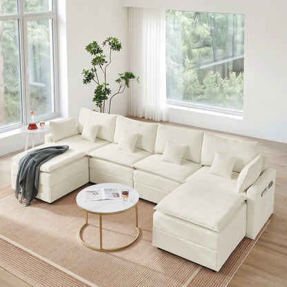 132" Cloud Modular Sectional Sofa, Deep Seat U Shaped Couch with Ottoman, Chenille Upholstered Sofa with Chaise, Plush Cushions, 6 Seat Modern Comfy Couch for Living Room & Apartment, Beige