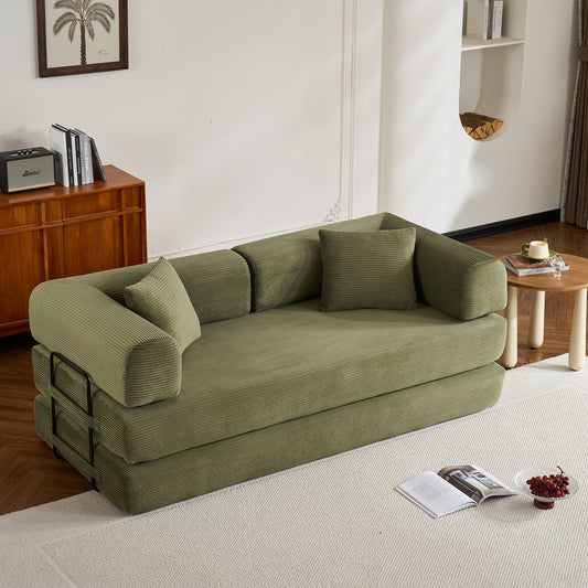 Convertible Sleeper Sofa Bed with Cylindrical Pillow, Corduroy Folding Mattress Couch with Fixed-Shape Frame, Floor Sofa Lounge Couch - Green