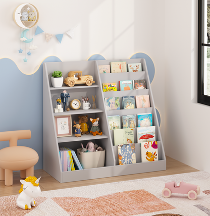 Kids Bookshelf and Toy Storage Organizer, Multifunctional 4 Tier Wooden Kids Book Shelf with Bookcase Display Stand, Children, Toddlers - Gray – Model W808P340216