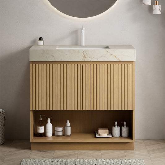 FINO 36" Bathroom Vanity&Sink,Freestanding Cabinet,Cream Gold Vein Sintered Stone Top&Ceramic Basin with 1 Pre-drilled Faucet Hole, Disassembled, Faucet & Drain Excluded, Corolla Oak Woodgrain Color